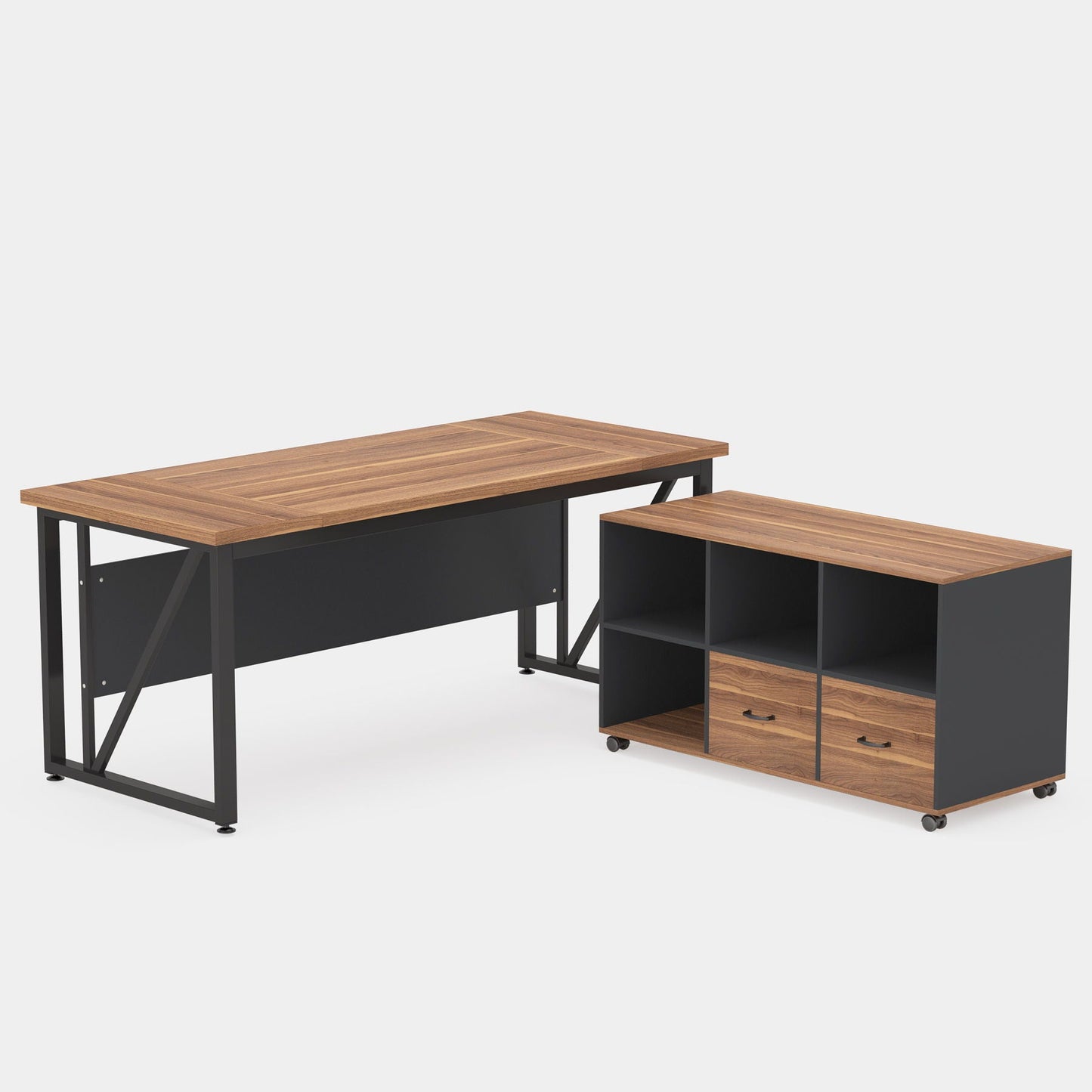HouseOfZazla L-Shaped executive desk brown wood top; mobile file cabinet on casters on Tampa Home & Garden Store