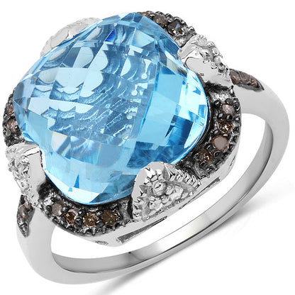 Ring with oval blue topaz, champagne and white diamonds in sterling silver setting on Tampa Home & Garden Store