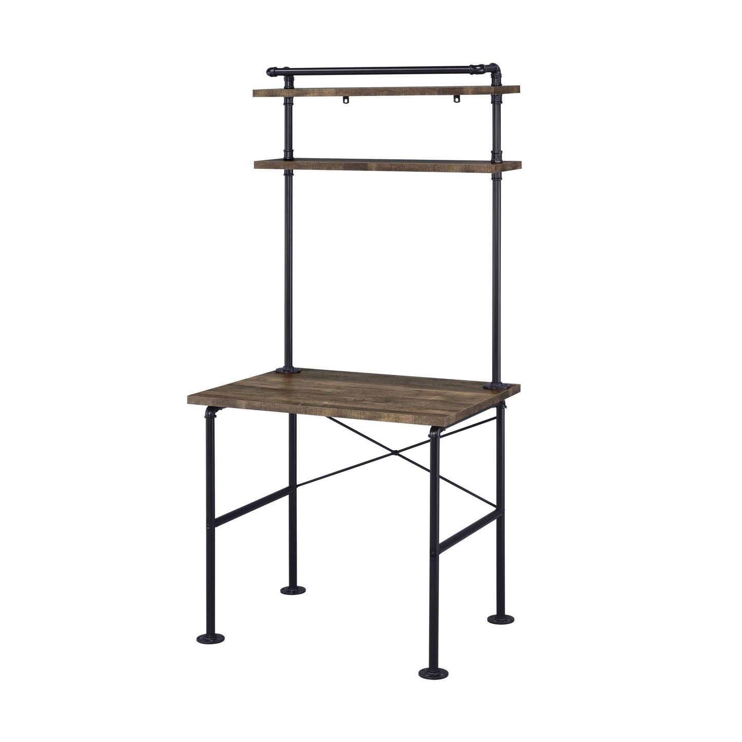 Ensata Rustic Writing Desk by HouseOfZazla, two-tier black metal frame with oak shelves on Tampa Home & Garden Store
