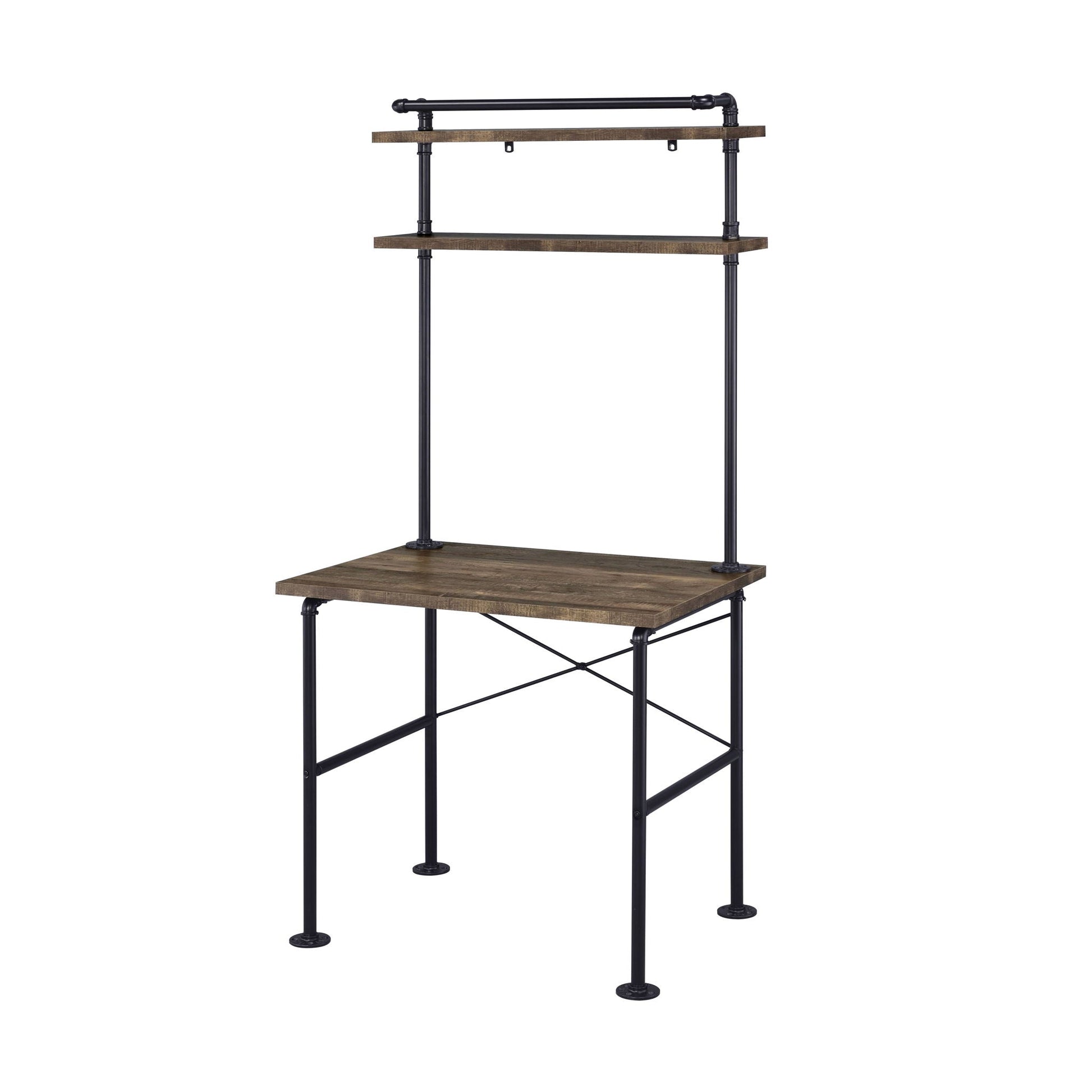 Ensata Rustic Writing Desk by HouseOfZazla, two-tier black metal frame with oak shelves on Tampa Home & Garden Store