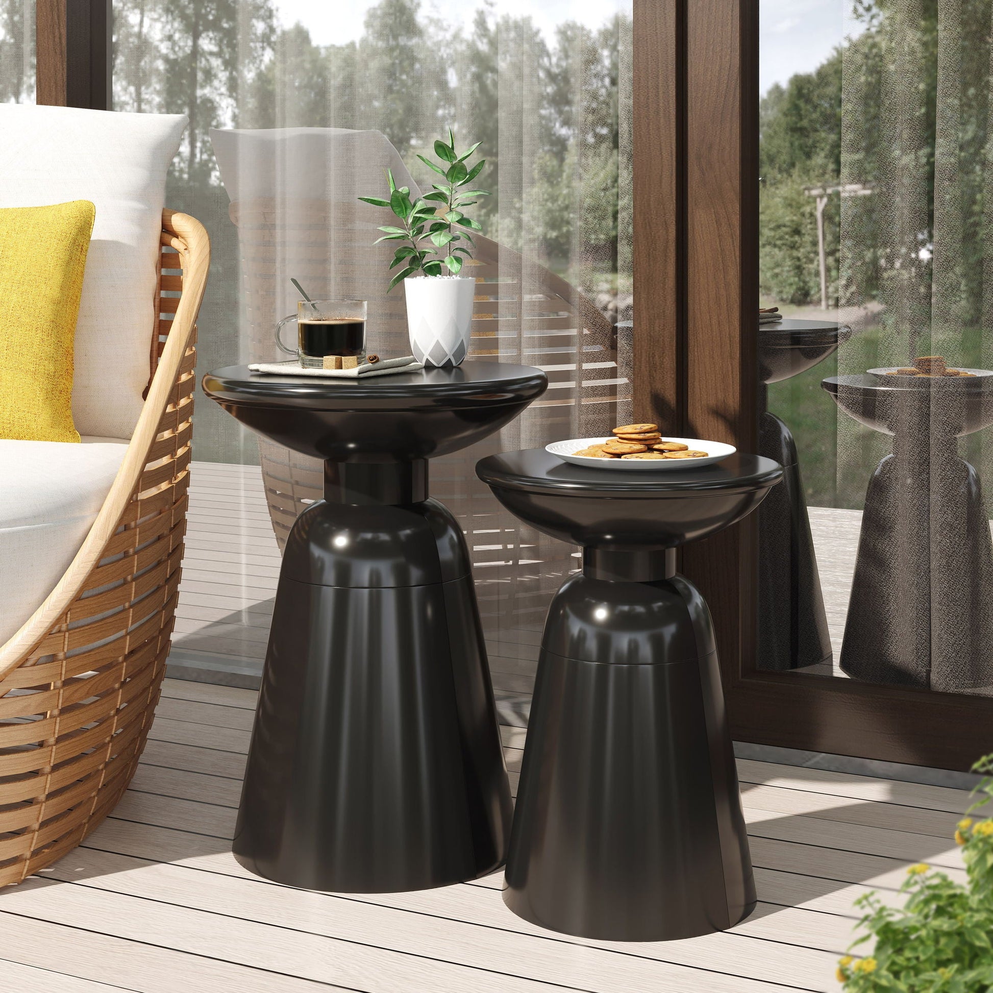 Serenita Outdoor Side Tables Set of 2 in glossy black finish with flared bases by HouseOfZazla on Tampa Home & Garden Store