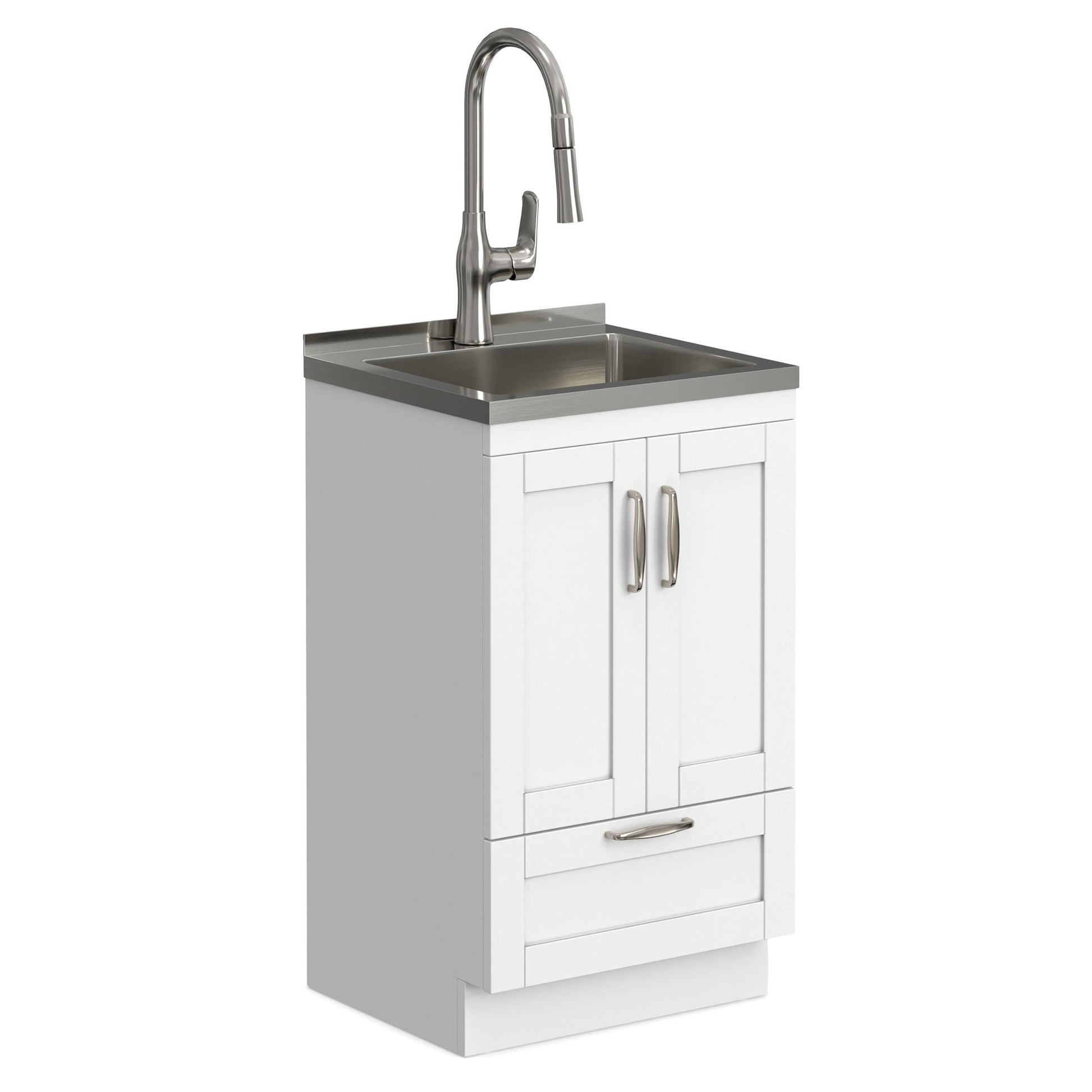 Reed Deluxe Laundry Cabinet with Pull-Out Faucet white vanity with stainless countertop on Tampa Home & Garden Store