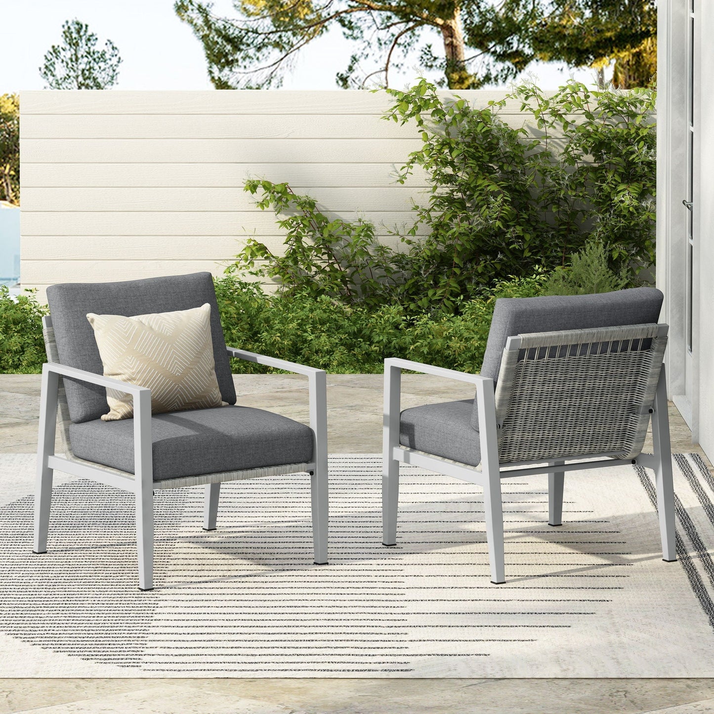 Two modern lounge chairs with rope accents and gray cushions for outdoor patio by HouseOfZazla on Tampa Home & Garden Store