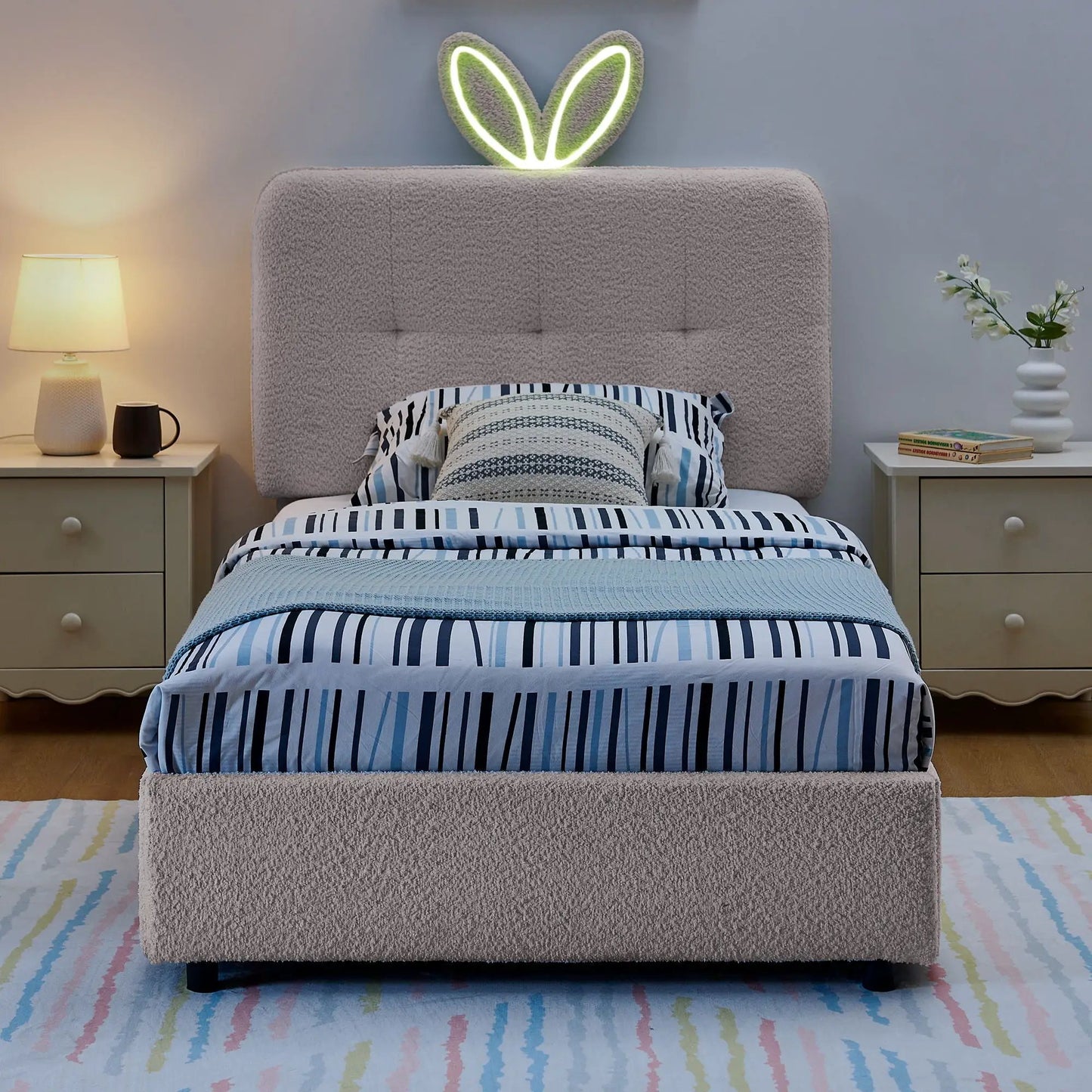 Upholstered Bed with Rabbit Ear Headboard and LED