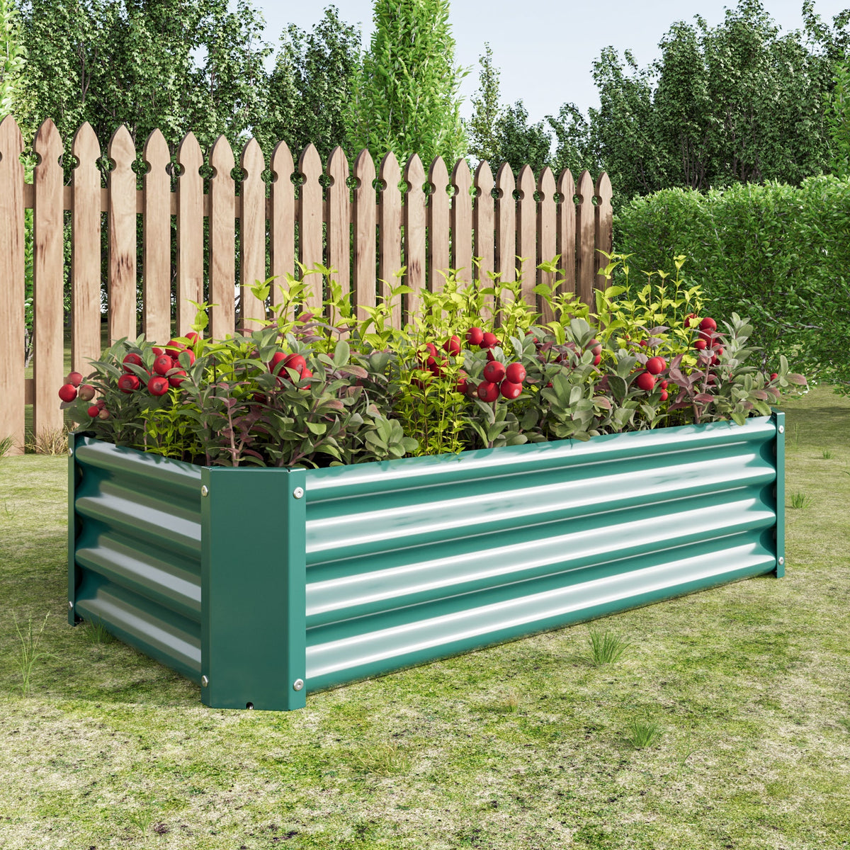 Green metal raised garden bed rectangle planter 4×2×1ft with leafy shrubs in garden on Tampa Home & Garden Store