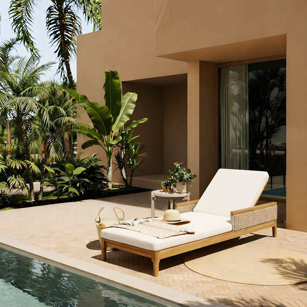 Solid acacia wood sun lounger with waterproof beige cushions and light grey wicker by pool on Tampa Home & Garden Store