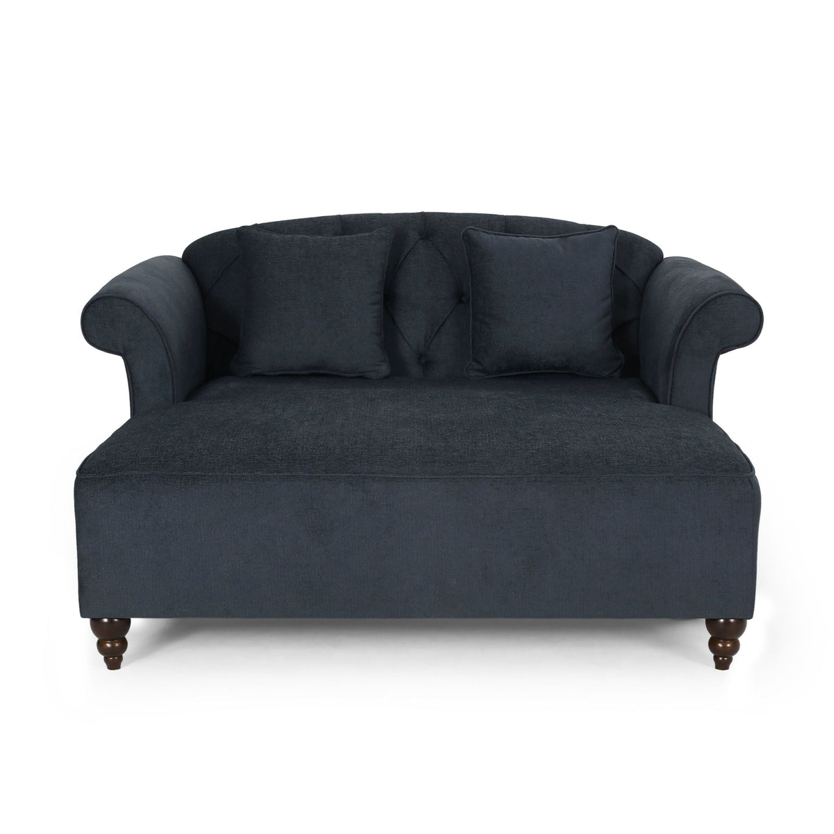 Elegant upholstered chaise in dark charcoal fabric with two gray pillows, HouseOfZazla on Tampa Home & Garden Store