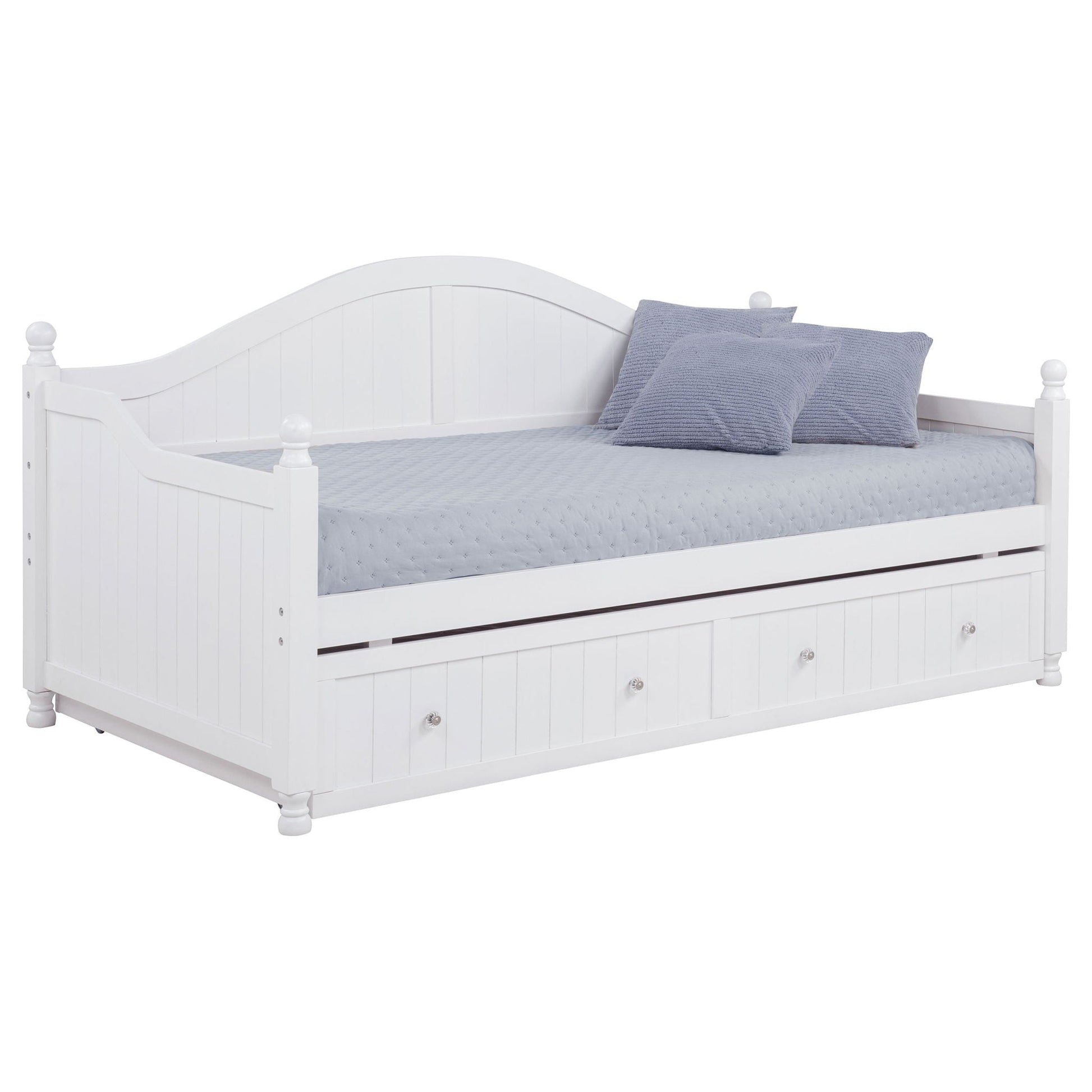 Twin daybed with trundle storage in white by HouseOfZazla, curved headboard and drawers on Tampa Home & Garden Store