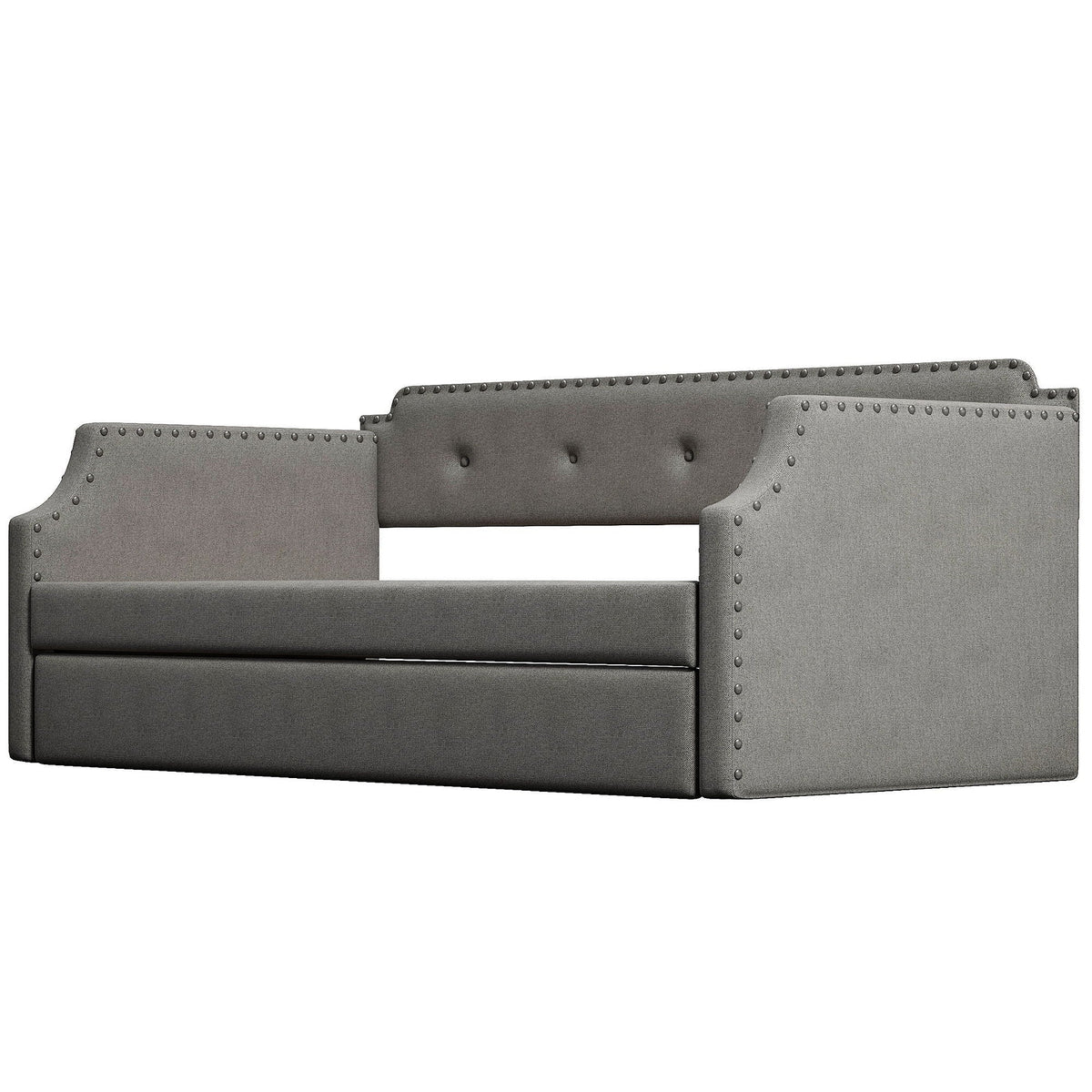 Upholstered daybed with trundle in grey fabric, tufted back, nailhead trim on Tampa Home & Garden Store