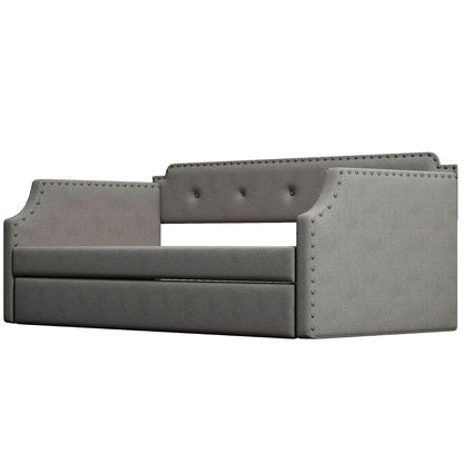 Upholstered daybed with trundle in grey fabric, tufted back, nailhead trim on Tampa Home & Garden Store