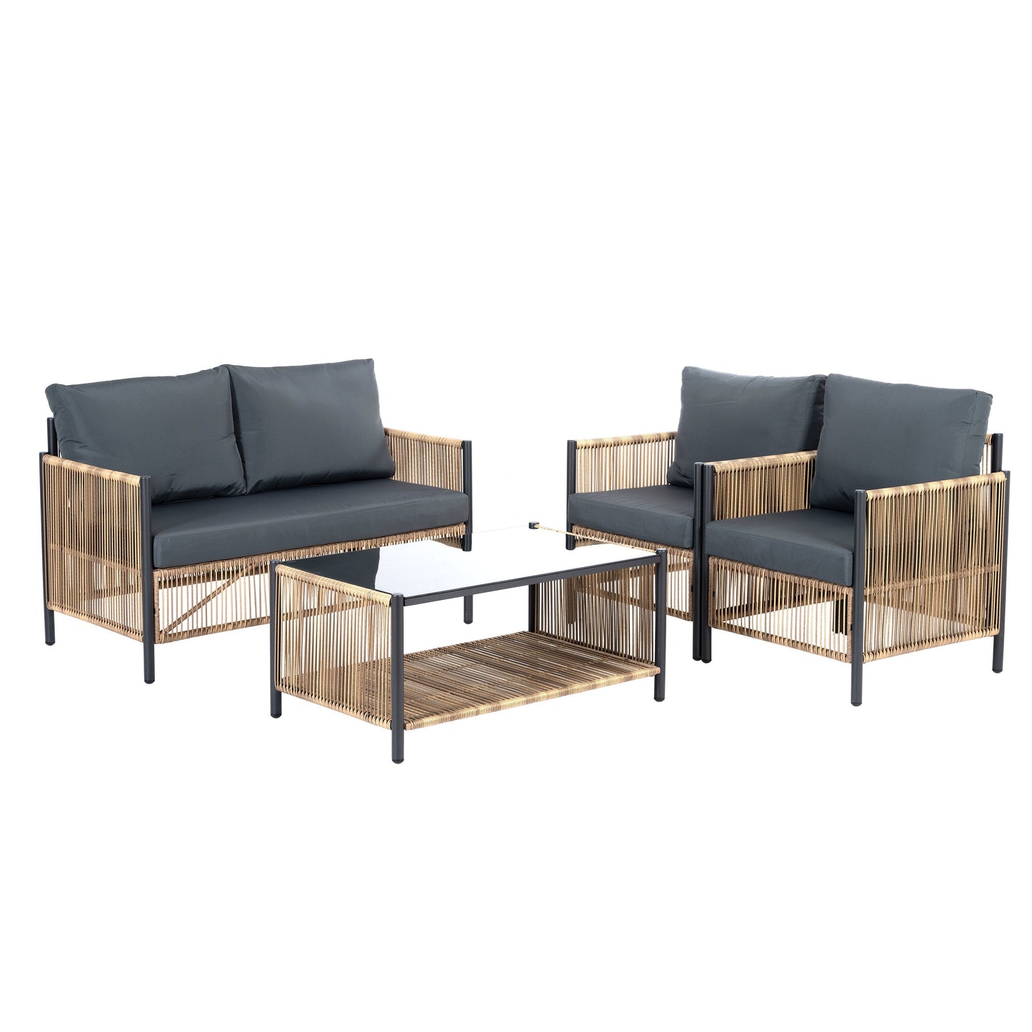 Patio 4-Piece Brown PE Wicker Sofa Set with Grey Cushions by HouseOfZazla outdoor furniture on Tampa Home & Garden Store