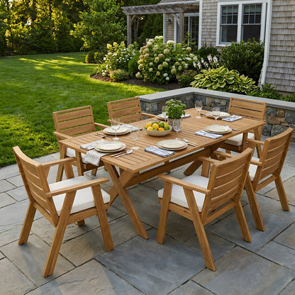 Acacia wood outdoor dining table and chairs patio set with white cushions on Tampa Home & Garden Store