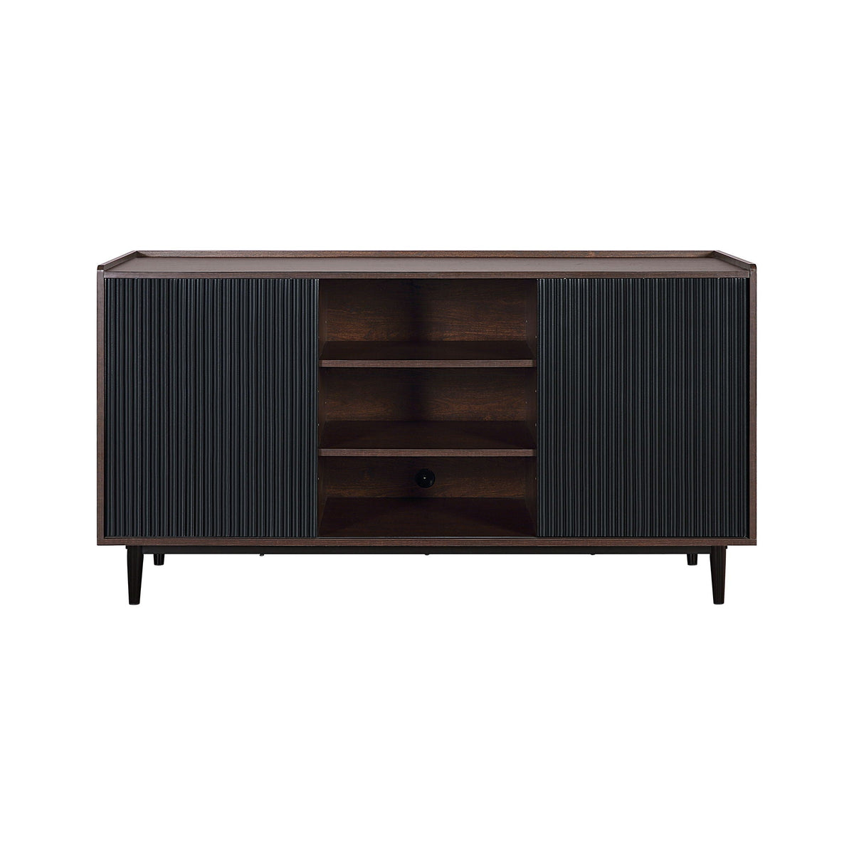 Fluted black sideboard with adjustable shelves, dark wood interior and mid-century legs on Tampa Home & Garden Store