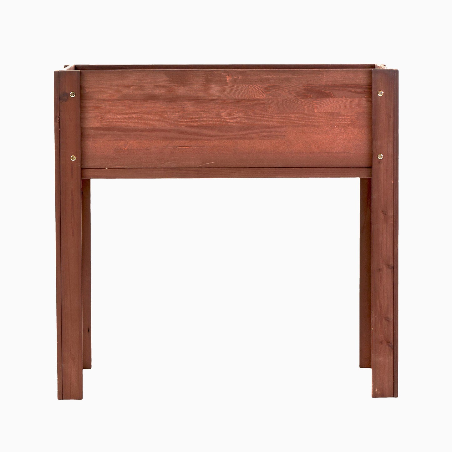 Wooden raised garden bed with legs in brown stain and visible corner screws on Tampa Home & Garden Store