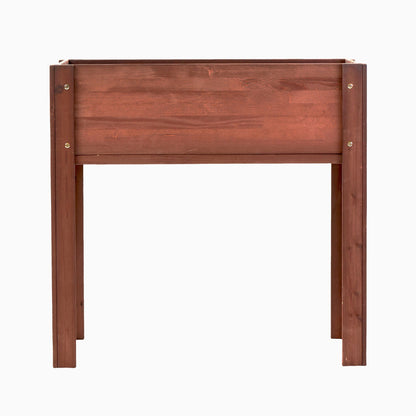 Wooden raised garden bed with legs in brown stain and visible corner screws on Tampa Home & Garden Store