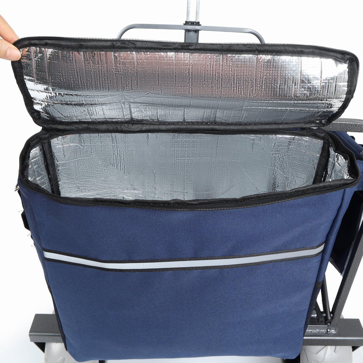Beach wagon with blue fabric body, insulated silver interior, zipper lid, carry handle on Tampa Home & Garden Store