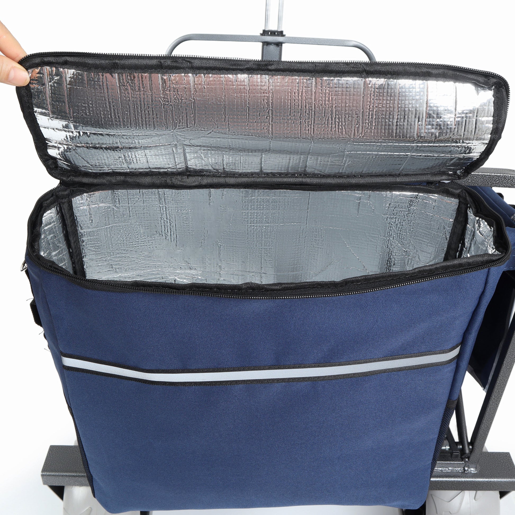 Beach wagon with blue fabric body, insulated silver interior, zipper lid, carry handle on Tampa Home & Garden Store