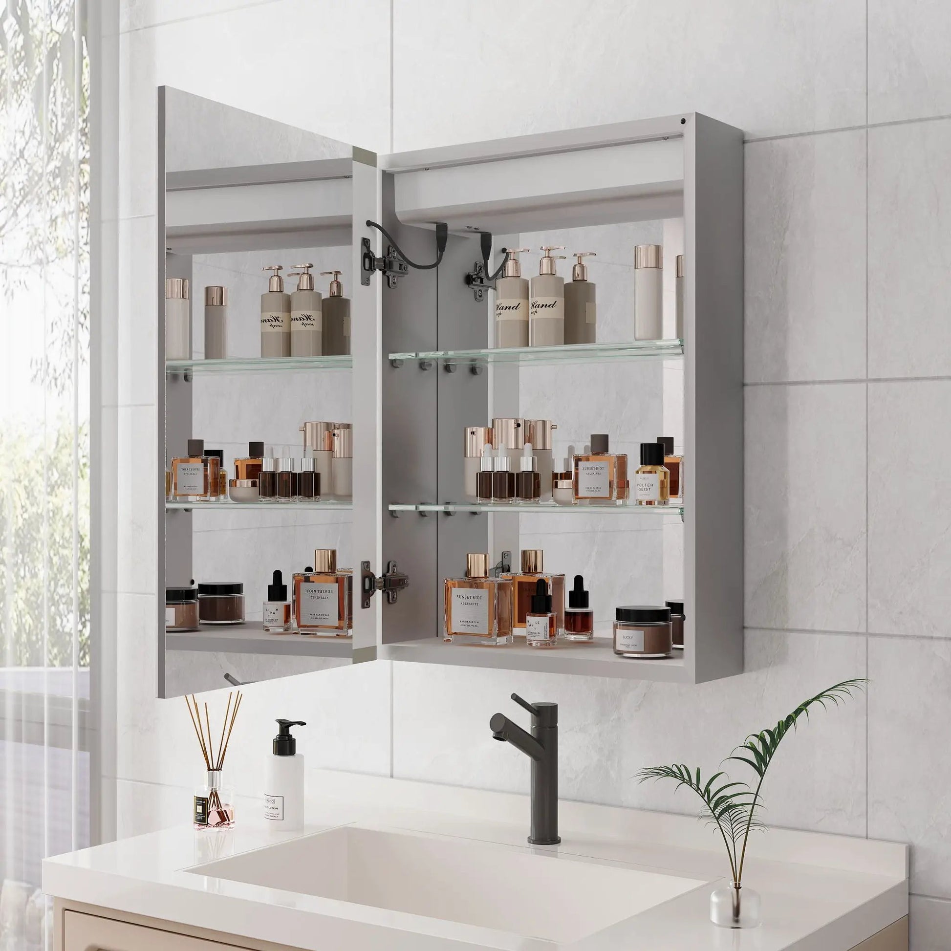 LED medicine cabinet with mirror in silver frame and glass shelves, Unique Piece Furniture on Tampa Home & Garden Store
