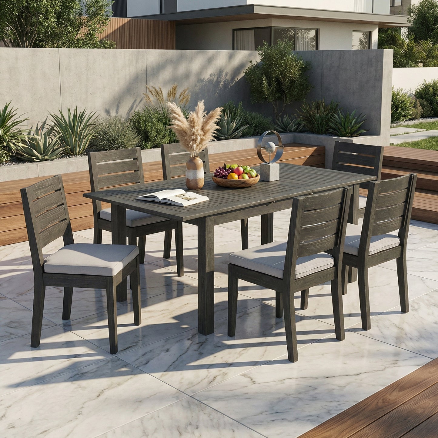 7-Piece outdoor dining set with extendable acacia wood table, dark finish, cushioned chairs on Tampa Home & Garden Store