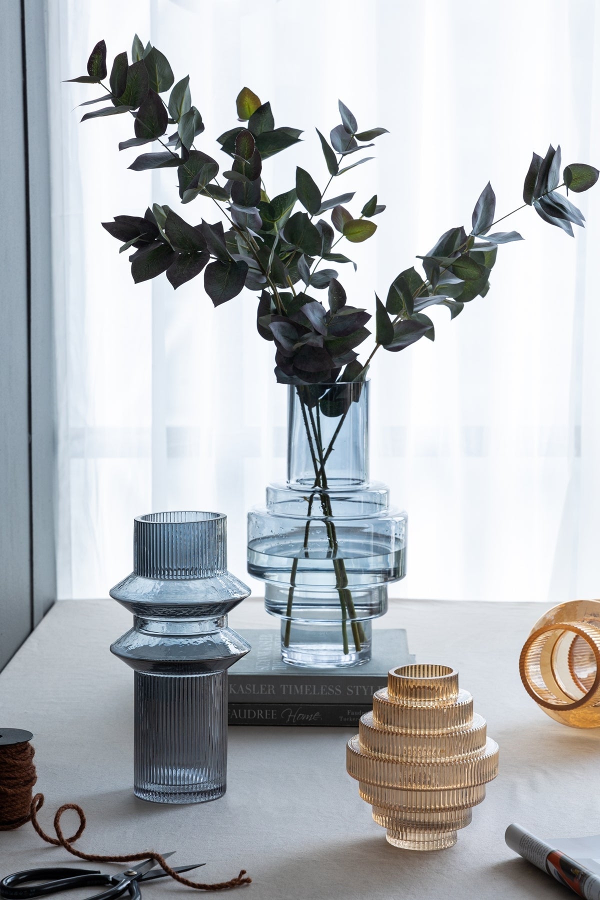 Clear Blue Glass Ribbed Accent Vases Set of 2