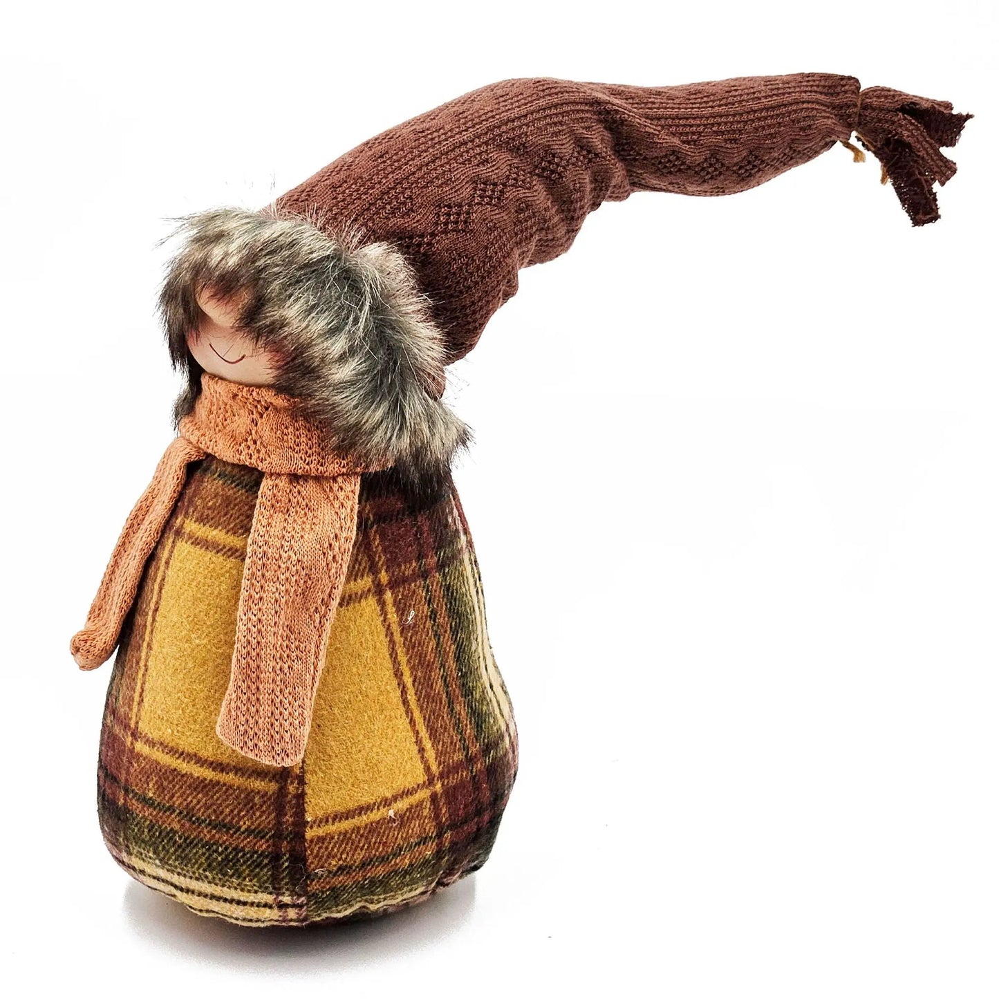 Gnome figurine sculpture in brown and yellow knit outfit with fur-trim scarf on Tampa Home & Garden Store