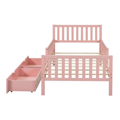 Platform bed with pink finish, guardrails on both sides and 2 storage drawers, wooden slat base on Tampa Home & Garden Store