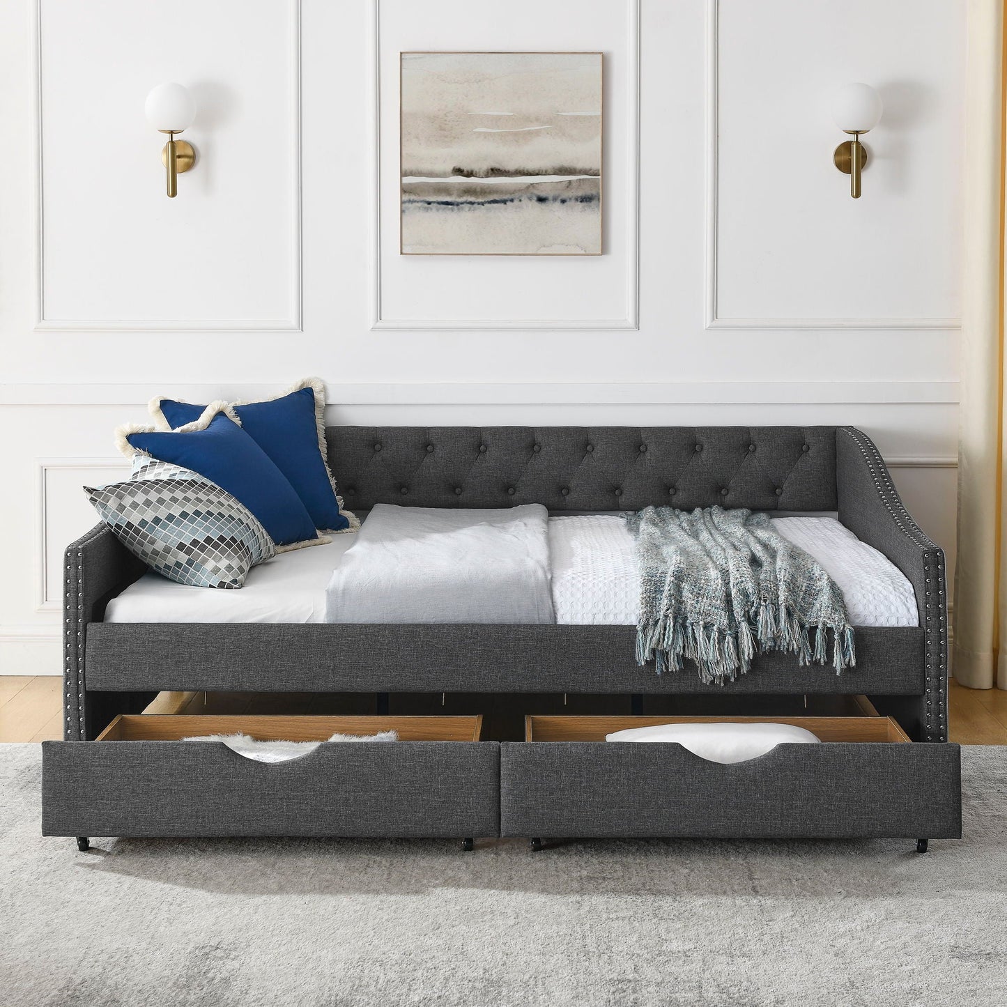 Upholstered Tufted Daybed with Storage Drawers