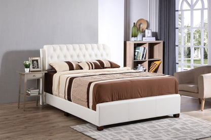 Tufted Upholstered Bed white tufted headboard, brown bedding, wooden nightstand on Tampa Home & Garden Store