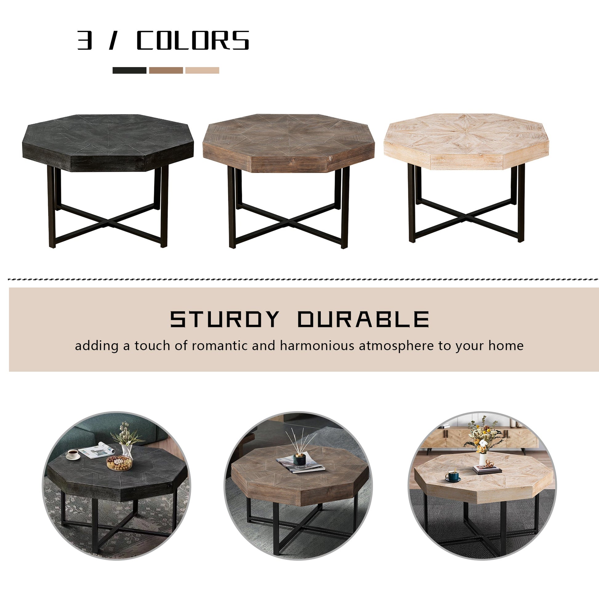 Wood Octagonal Vintage Patchwork Coffee Table trio in black brown natural finishes HouseOfZazla on Tampa Home & Garden Store