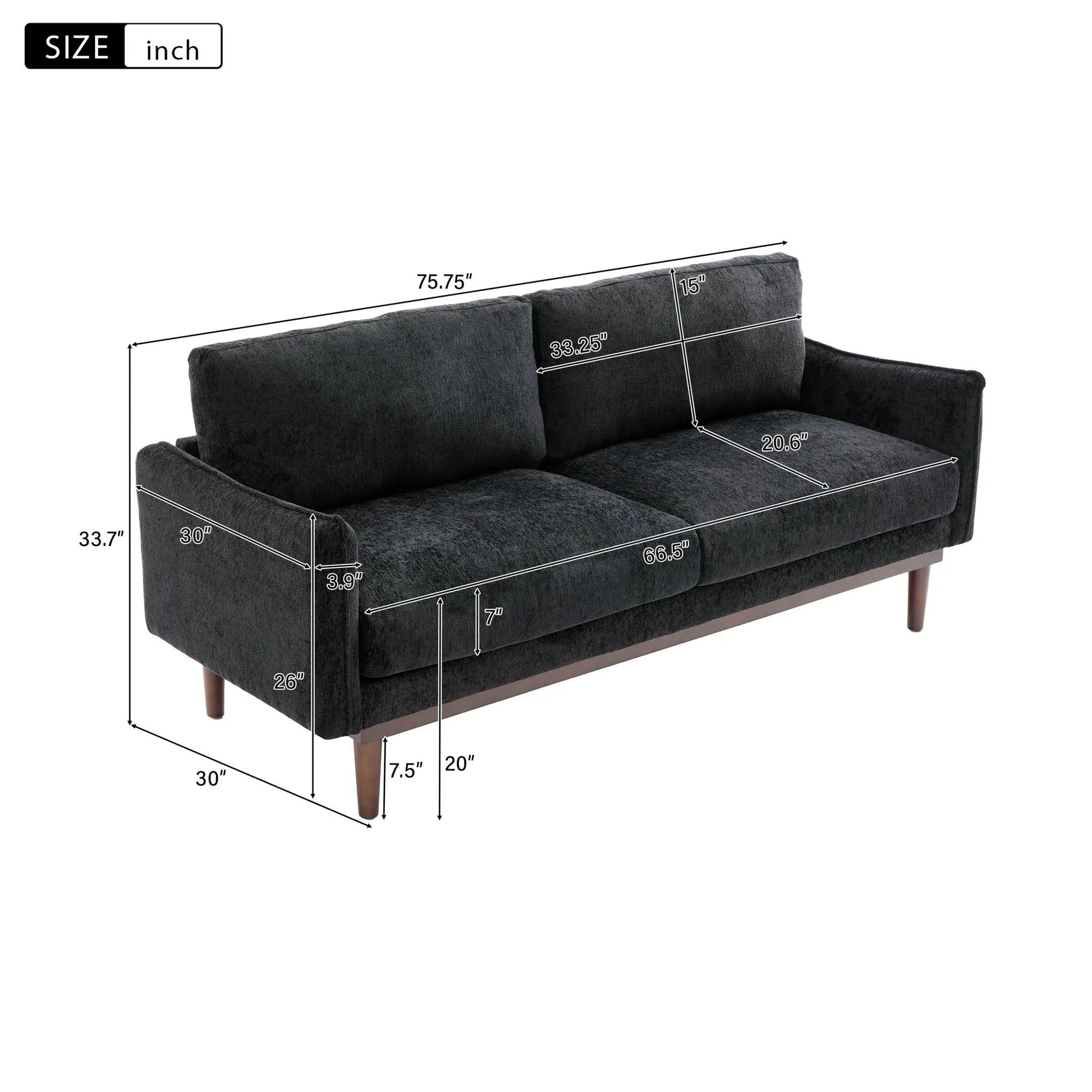 Loveseat with spacious seating in dark gray upholstery and wooden legs, stationary design on Tampa Home & Garden Store