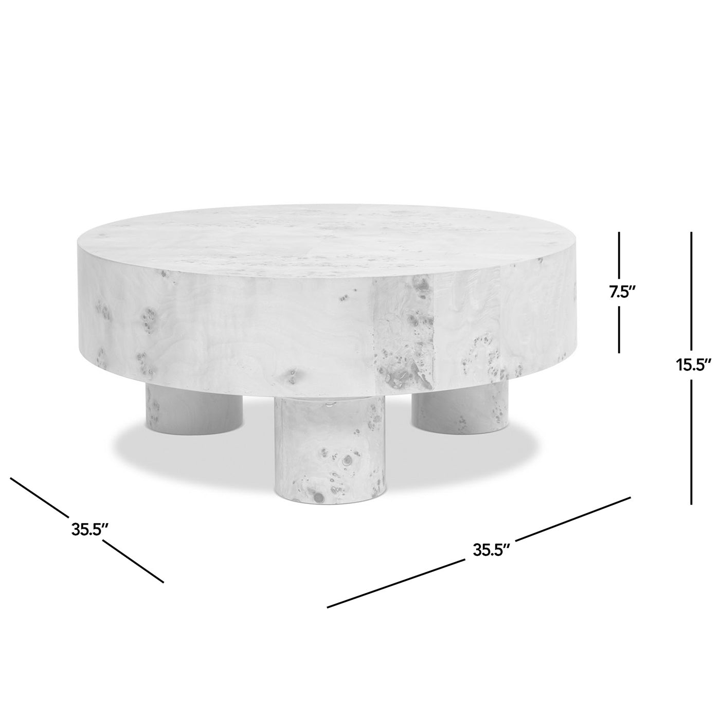 Coffee table Nebula round 35.5in burl wood with warm natural finish and pillar legs on Tampa Home & Garden Store