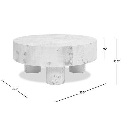 Coffee table Nebula round 35.5in burl wood with warm natural finish and pillar legs on Tampa Home & Garden Store
