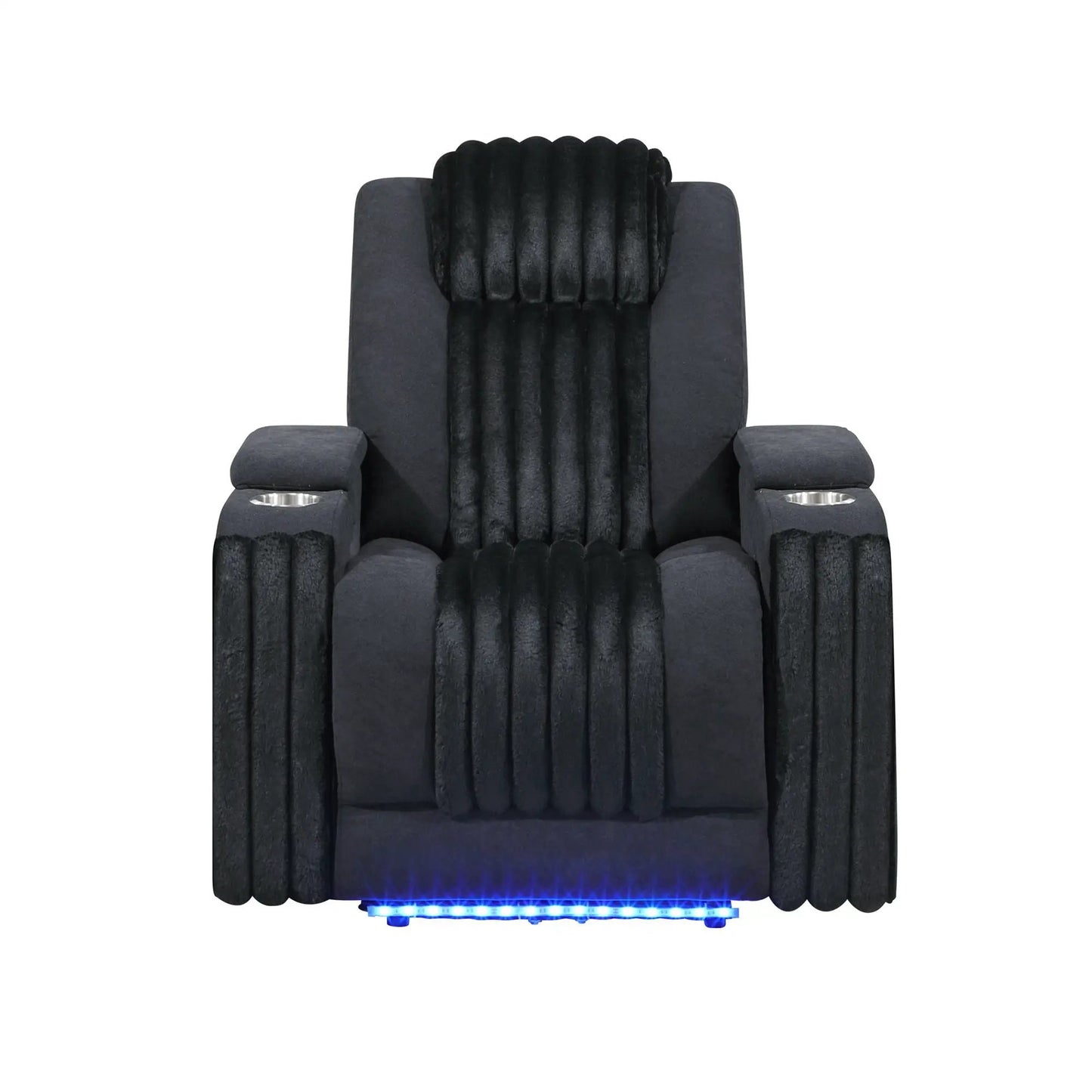 Duran power recliner with headrest in black velvet featuring cupholders and blue LED base on Tampa Home & Garden Store