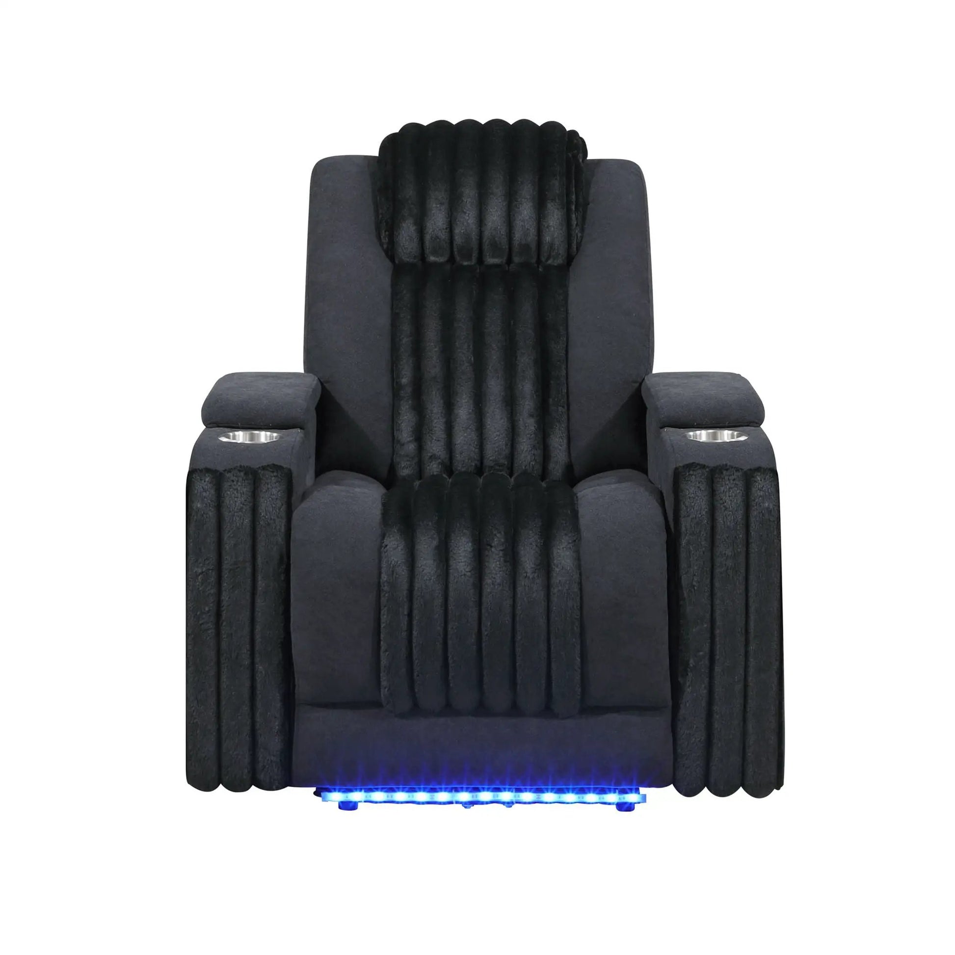 Duran power recliner with headrest in black velvet featuring cupholders and blue LED base on Tampa Home & Garden Store