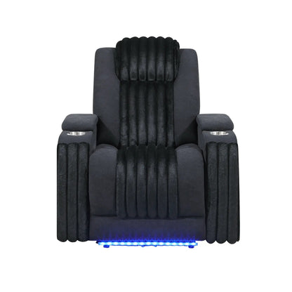 Duran power recliner with headrest in black velvet featuring cupholders and blue LED base on Tampa Home & Garden Store