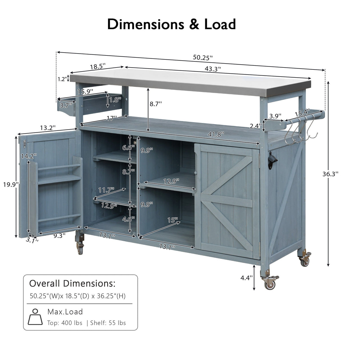 K&K Outdoor Kitchen Island with rolling bar cart and storage cabinet in blue-gray wood on Tampa Home & Garden Store