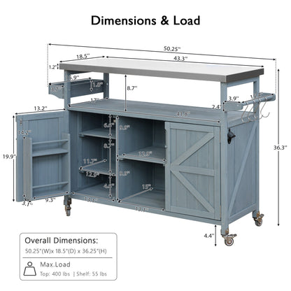 K&K Outdoor Kitchen Island with rolling bar cart and storage cabinet in blue-gray wood on Tampa Home & Garden Store