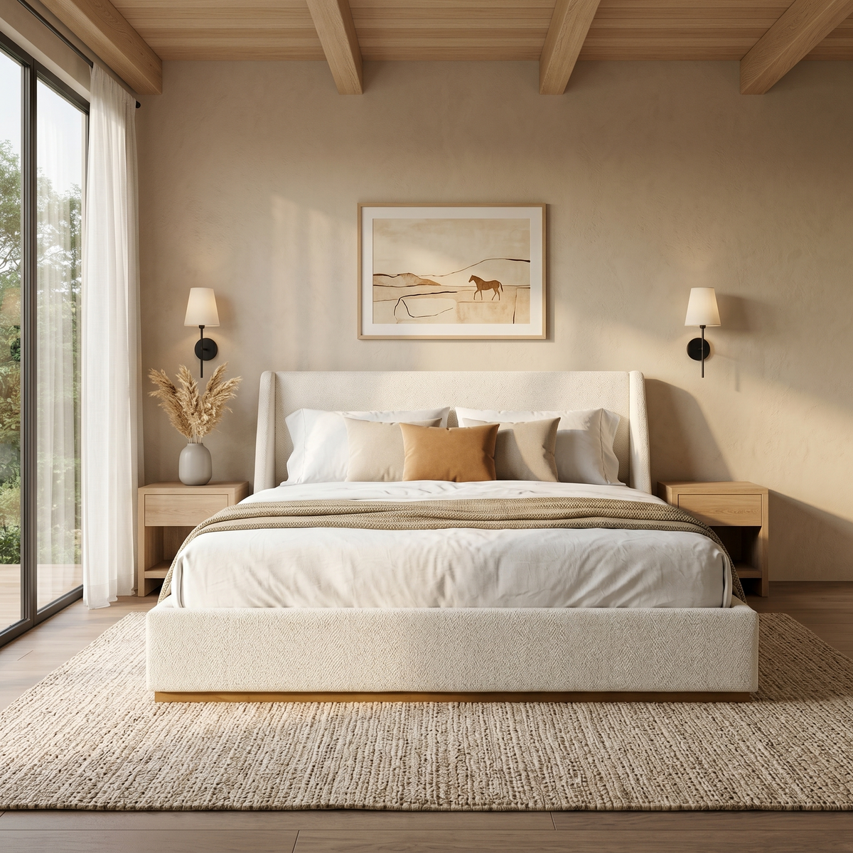 Luxury Upholstered Bed With Wings by HouseOfZazla in beige fabric with winged headboard on Tampa Home & Garden Store