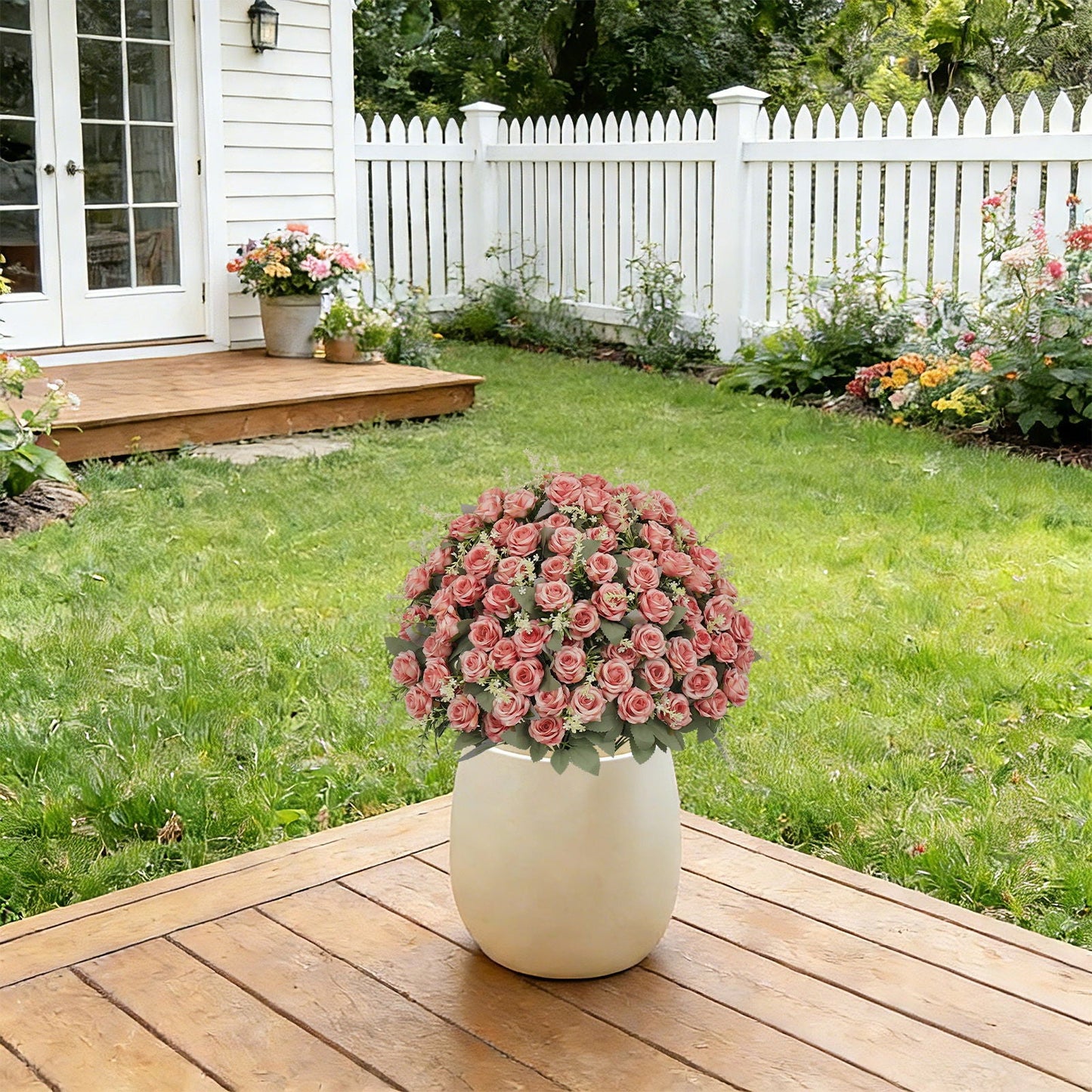 Indoor and Outdoor Silk Rose in a Cement Pot