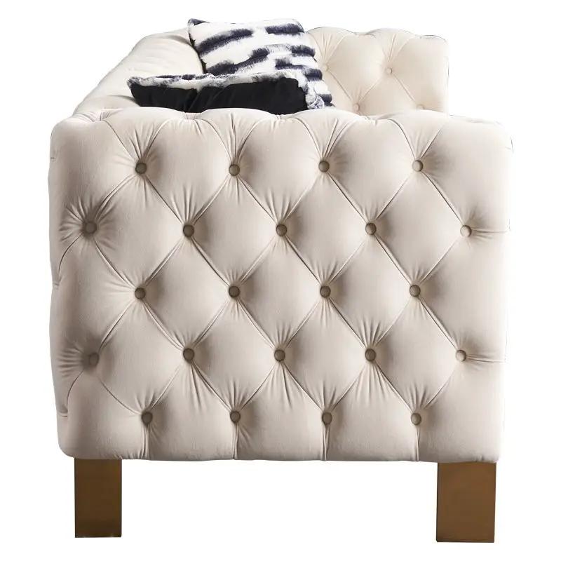 Chesterfield Modern Tufted Sofa, ivory velvet, stationary 84.25inW, wood legs on Tampa Home & Garden Store