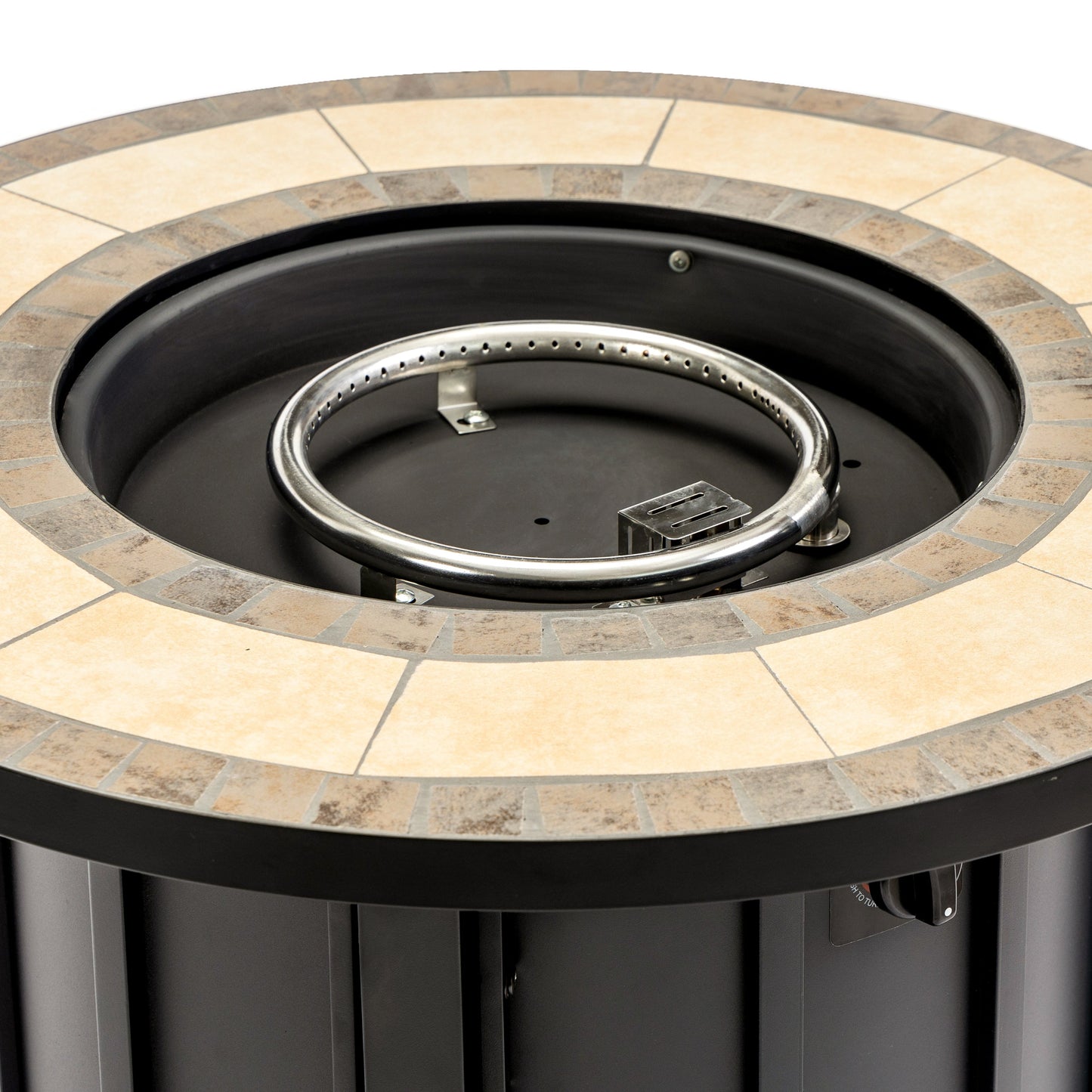 30-inch propane fire pit table with mosaic ceramic top surrounding a black fire bowl on Tampa Home & Garden Store