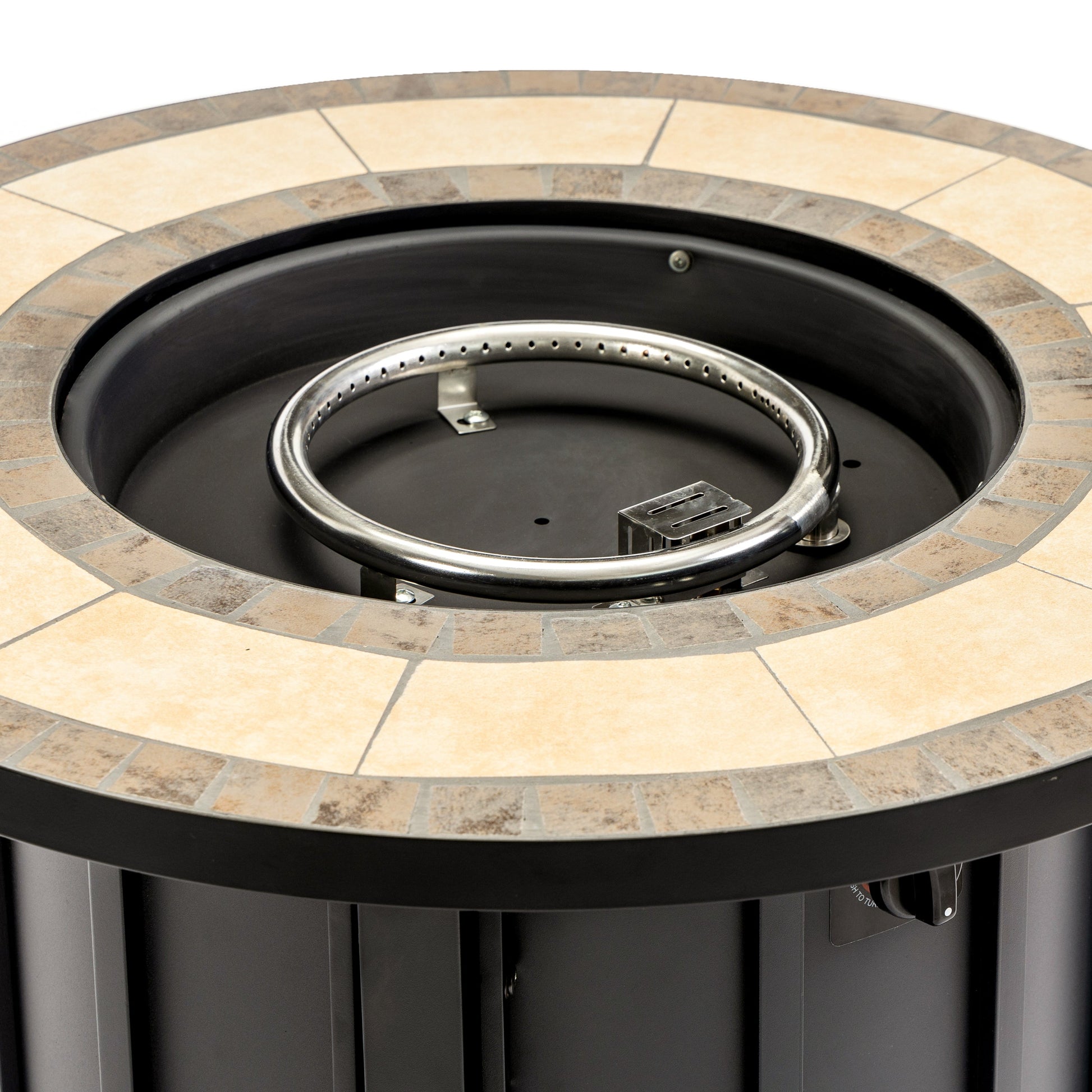 30-inch propane fire pit table with mosaic ceramic top surrounding a black fire bowl on Tampa Home & Garden Store