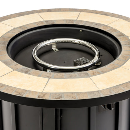 30-inch propane fire pit table with mosaic ceramic top surrounding a black fire bowl on Tampa Home & Garden Store