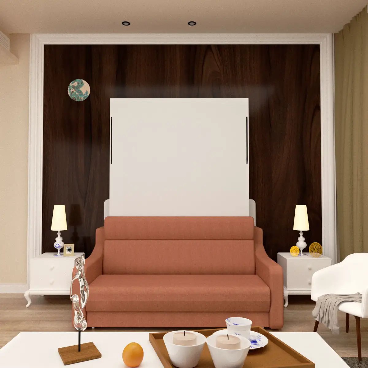 Vertical Murphy bed with orange sofa, white wall-bed, dark wood backdrop on Tampa Home & Garden Store