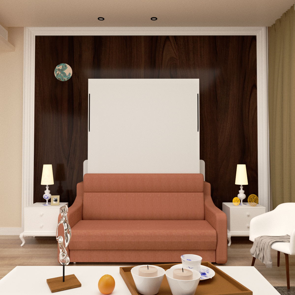 Orange Vertical Murphy Bed with Sofa and Frame