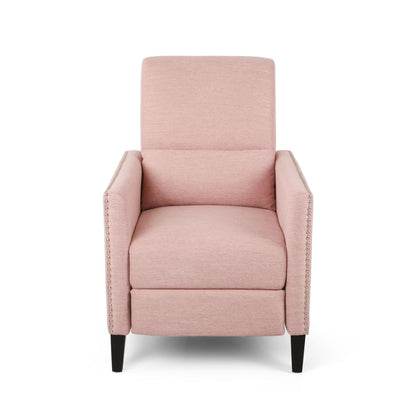 Kiersten Pushback Recliner blush pink fabric with nailhead trim on Tampa Home & Garden Store
