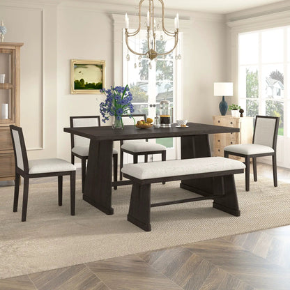 Dining set dark wood rectangular table with 4 upholstered chairs and 1 padded bench on Tampa Home & Garden Store
