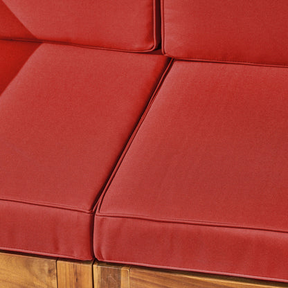 Oana 3 Piece Loveseat Set red cushions on acacia wood frame for outdoor seating on Tampa Home & Garden Store