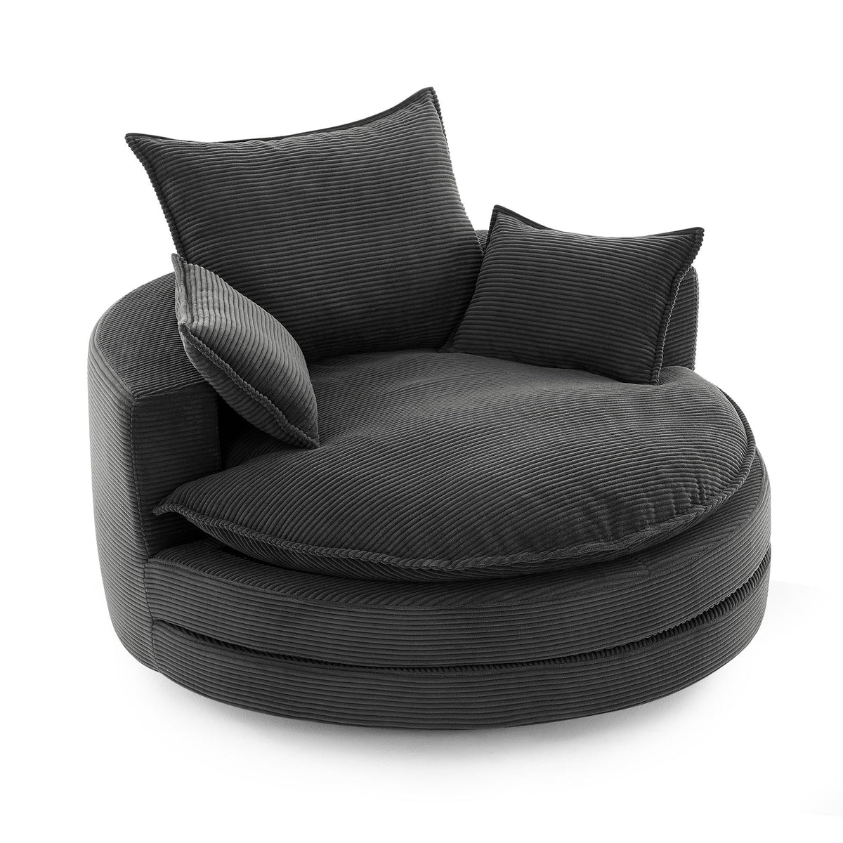 Swivel barrel chair with charcoal corduroy upholstery and three cushions on Tampa Home & Garden Store