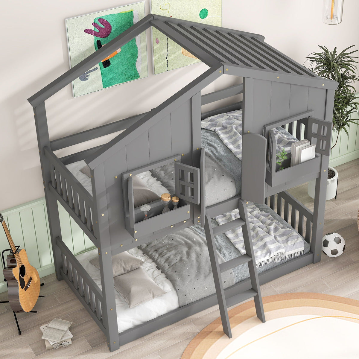 Gray two-tier bunk bed with roof, window box, door and guardrails by HouseOfZazla on Tampa Home & Garden Store